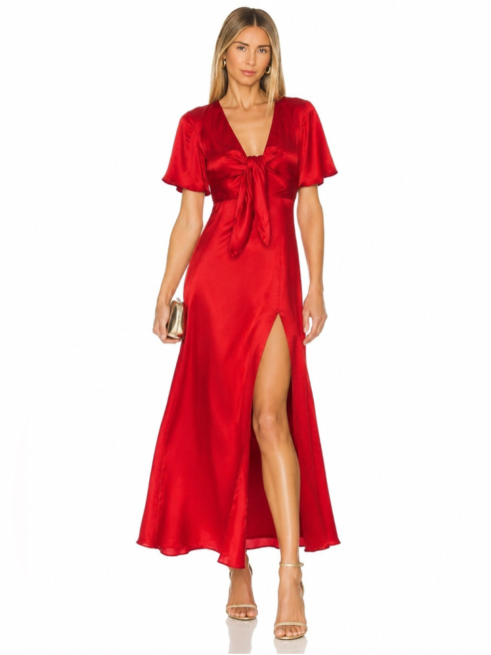 & Other Stories Red Satin Tie-Front Midi Dress
